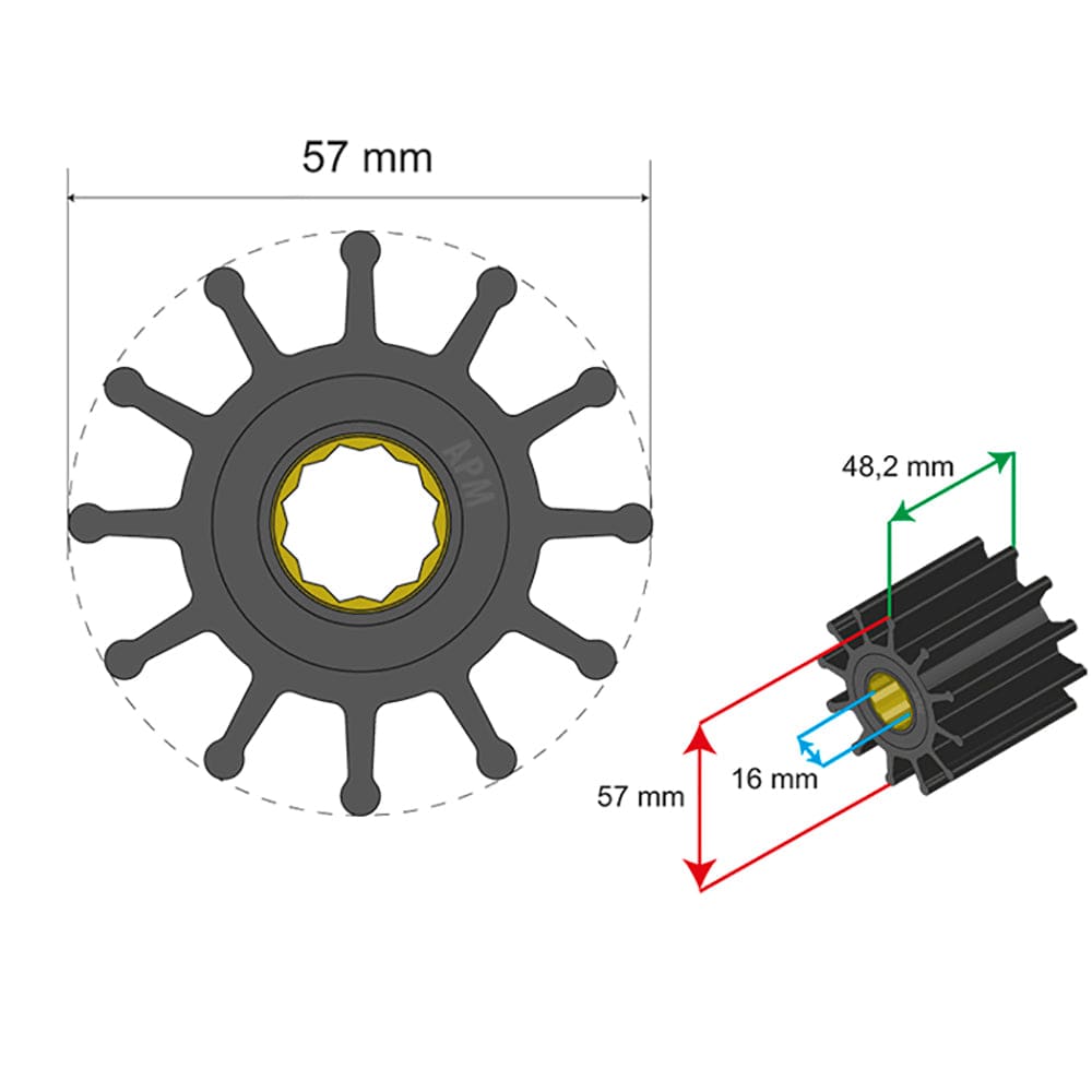 Albin Group Premium Impeller Kit 57 x 16 x 48.2mm - 12 Blade - Spline Insert [06-01-014] - The Happy Skipper