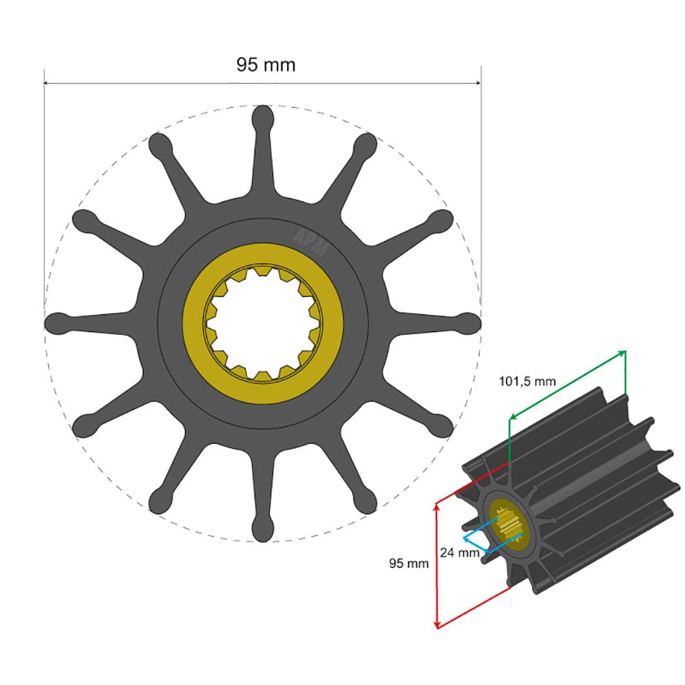 Albin Group Premium Impeller Kit 95 x 24 x 101.5mm - 12 Blade - Spline Insert [06-02-033] - The Happy Skipper