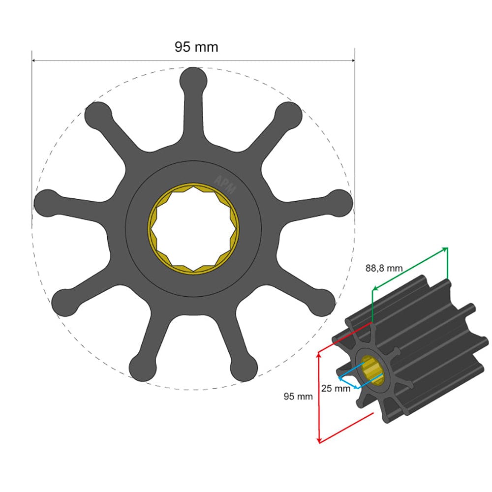 Albin Group Premium Impeller Kit 95 x 25 x 88.8mm - 9 Blade - Spline Insert [06-02-029] - The Happy Skipper