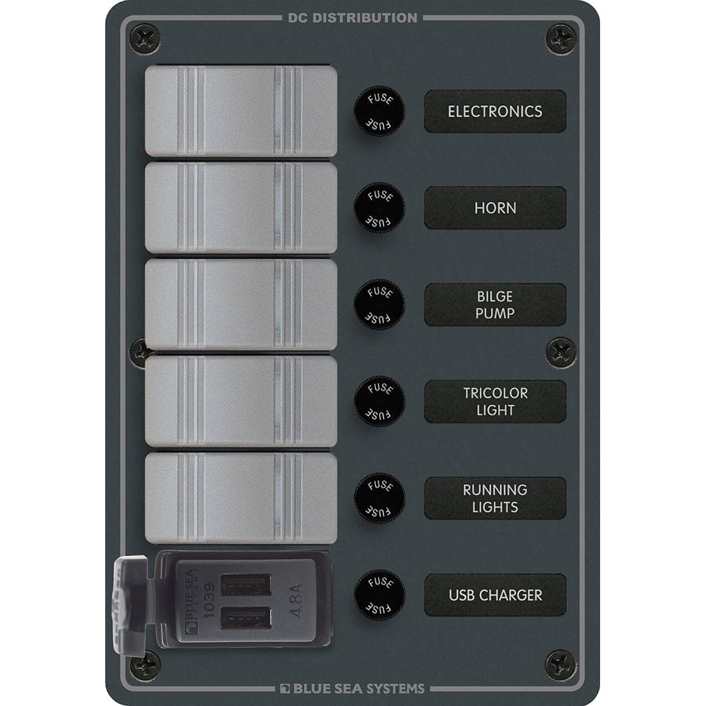 Blue Sea 8121 - 5 Position Contura Switch Panel w/Dual USB Chargers - 12/24V DC - Black [8121] - The Happy Skipper