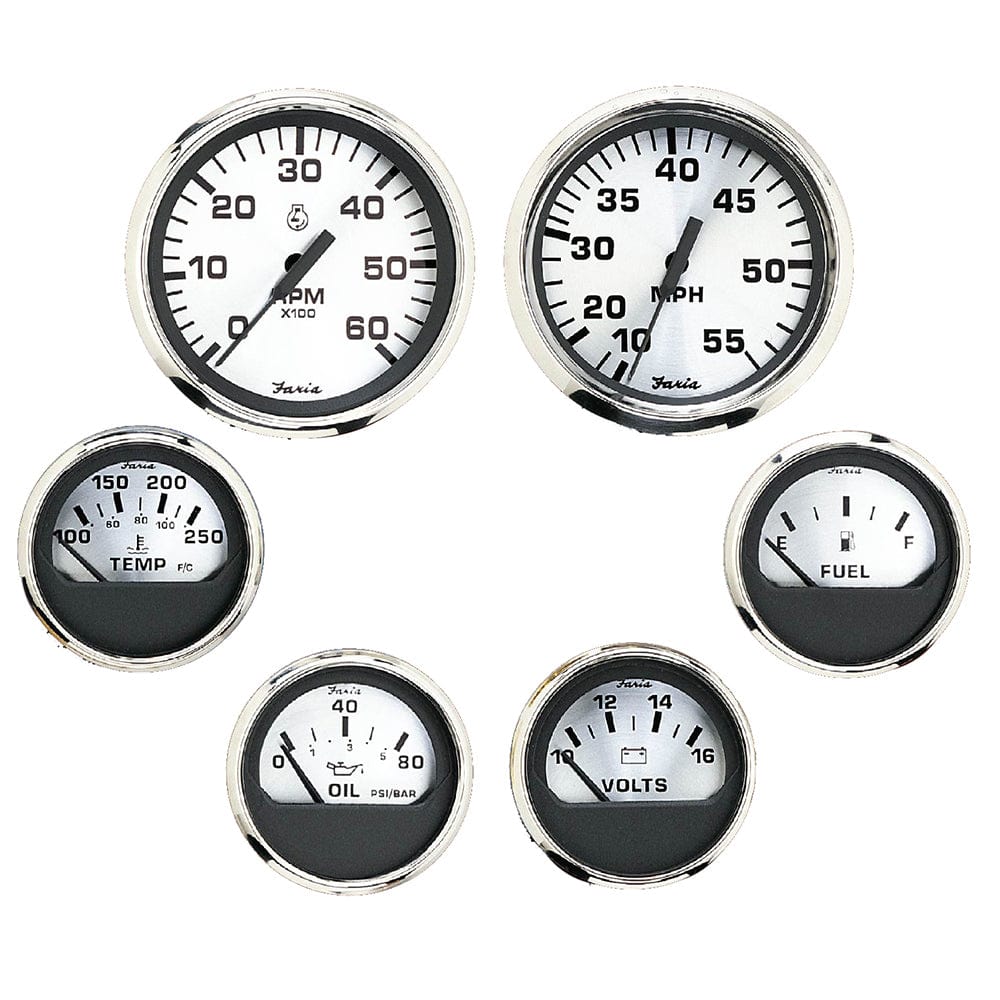 Faria Spun Silver Box Set of 6 Gauges f/ Inboard Engines - Speed, Tach, Voltmeter, Fuel Level, Water Temperature Oil [KTF0184] - The Happy Skipper